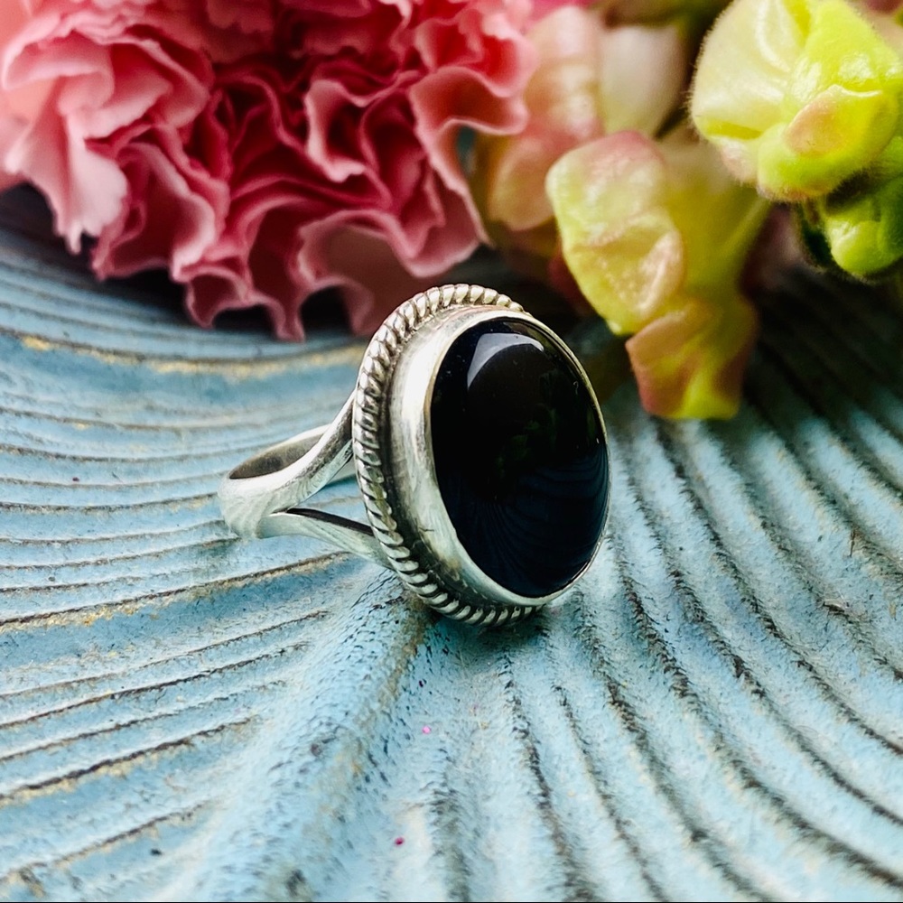 Vintage Mid Century 925 Sterling Silver Onyx Ring